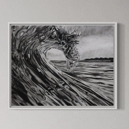 Framed artwork of a dragon emerging from a wave on a gray wall