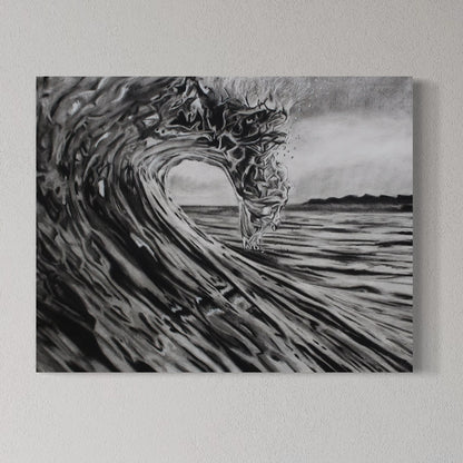 Canvas print of a black and white wave art on a plain wall