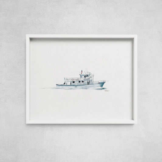 Framed artwork of a stylized ship on a gray wall