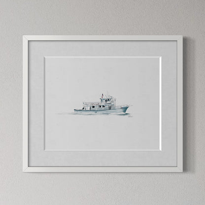 Framed artwork of a boat on a gray wall