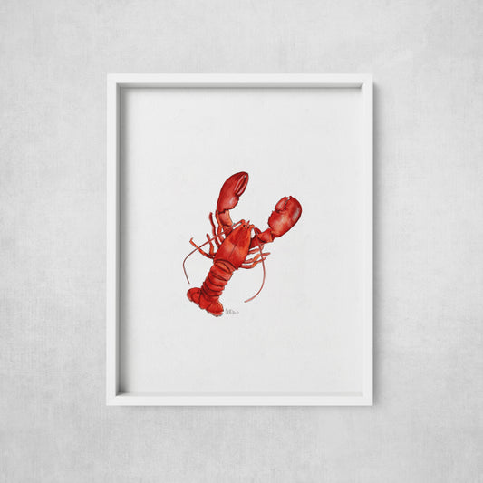 Framed artwork of a red lobster on a gray wall