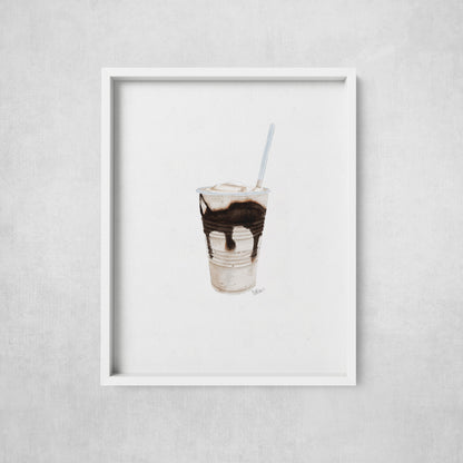 Framed artwork of a milkshake with chocolate syrup on a gray wall