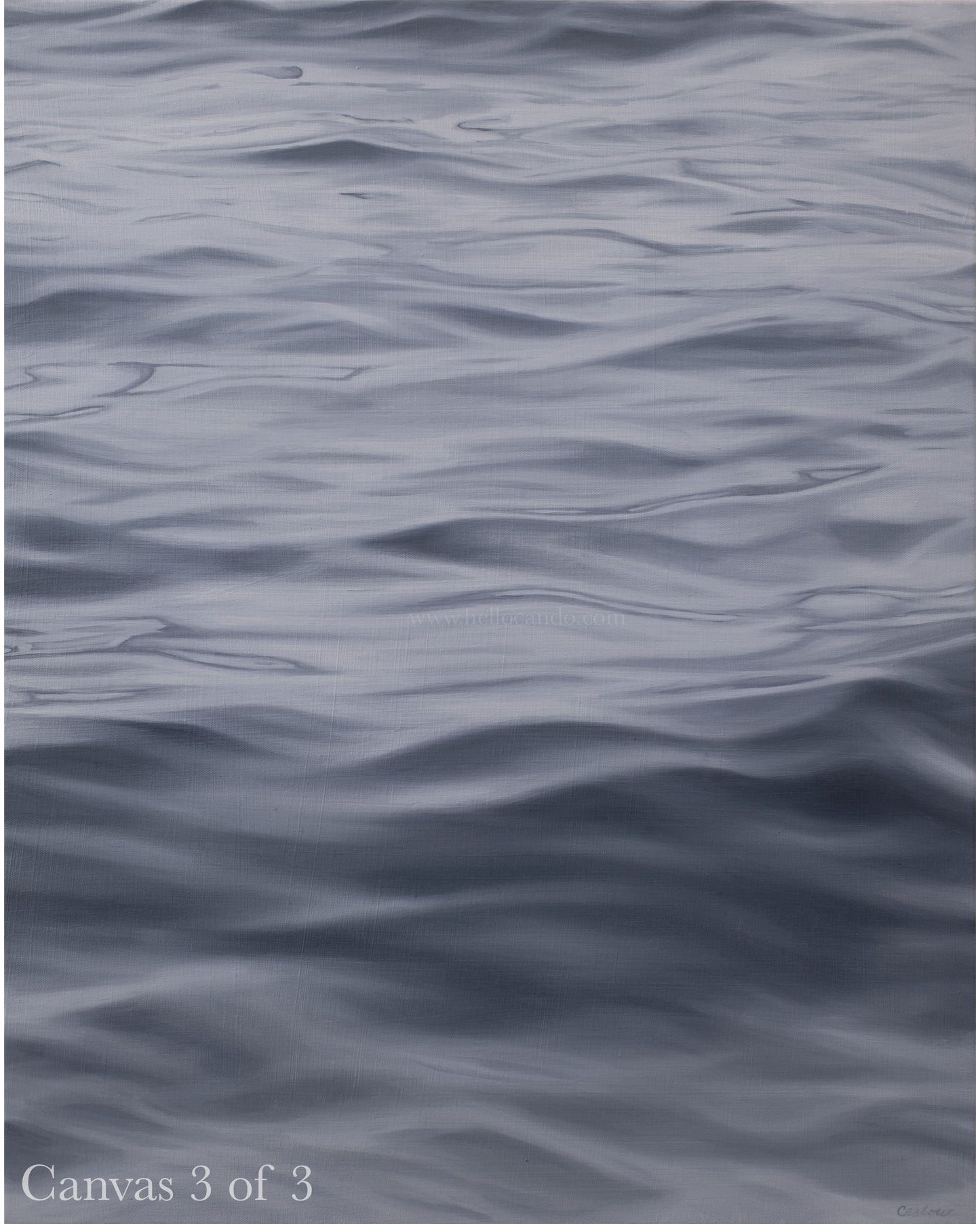 Original triptych seascape painting panel by Candace Ceslow featuring soft gray ocean water and realistic surface detail.