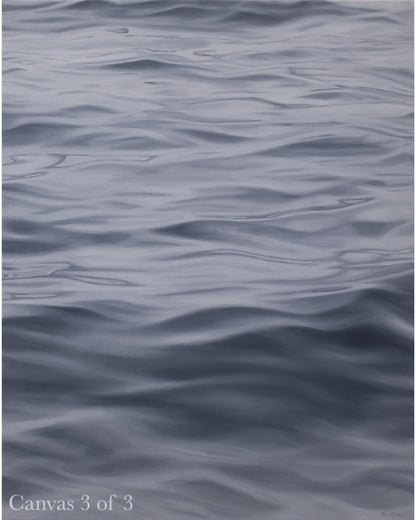 Original triptych seascape painting panel by Candace Ceslow featuring soft gray ocean water and realistic surface detail.