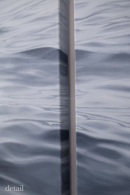 Side view detail of hand-painted ocean triptych showing canvas depth and flowing wave continuity.