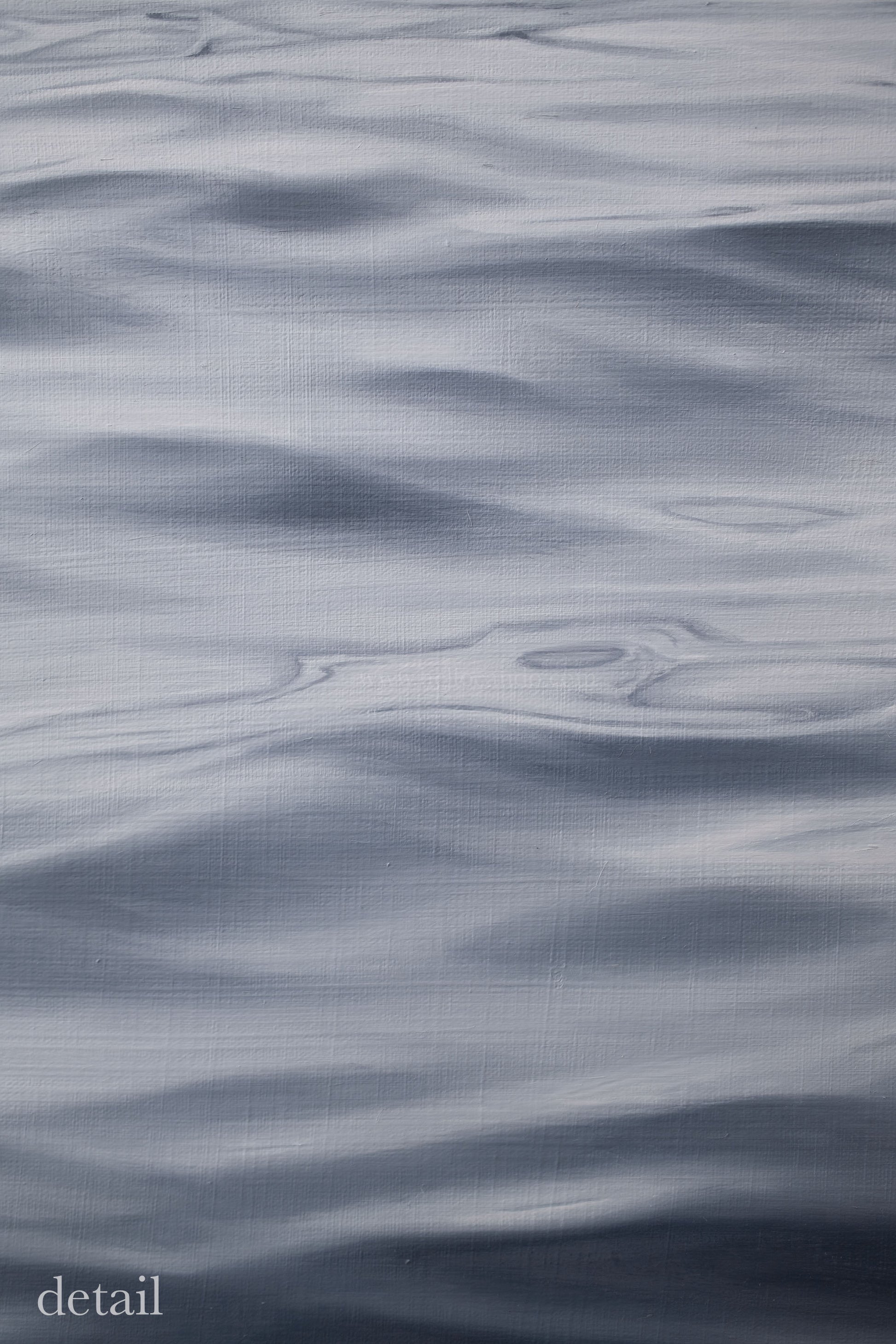Close-up of contemporary seascape oil painting featuring soft ripples and diffused light across the water surface