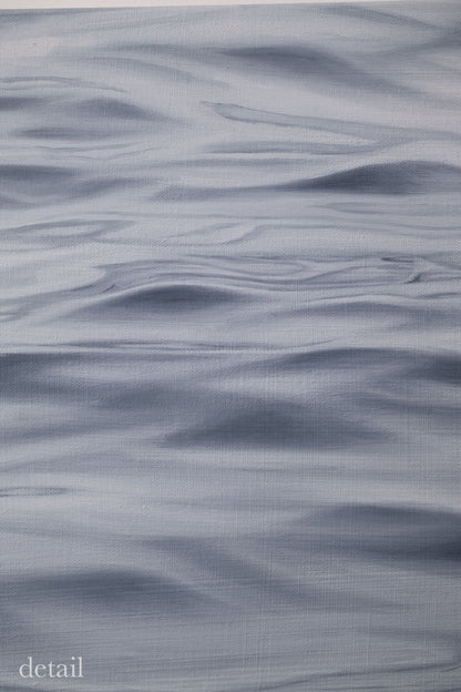 Close-up detail of original oil painting emphasizing elongated wave lines and quiet surface motion.