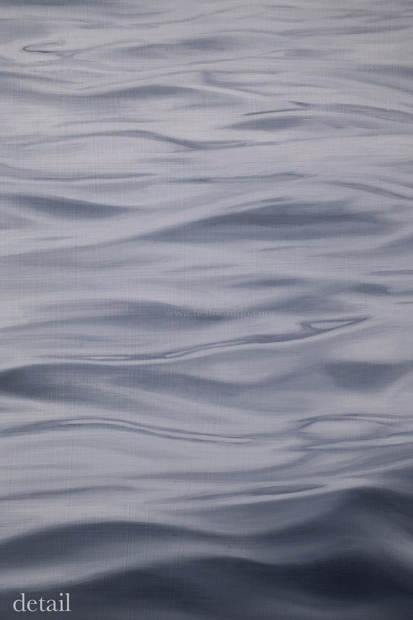 Close-up detail of original seascape oil painting showing subtle ocean ripples and soft light reflections on canvas.