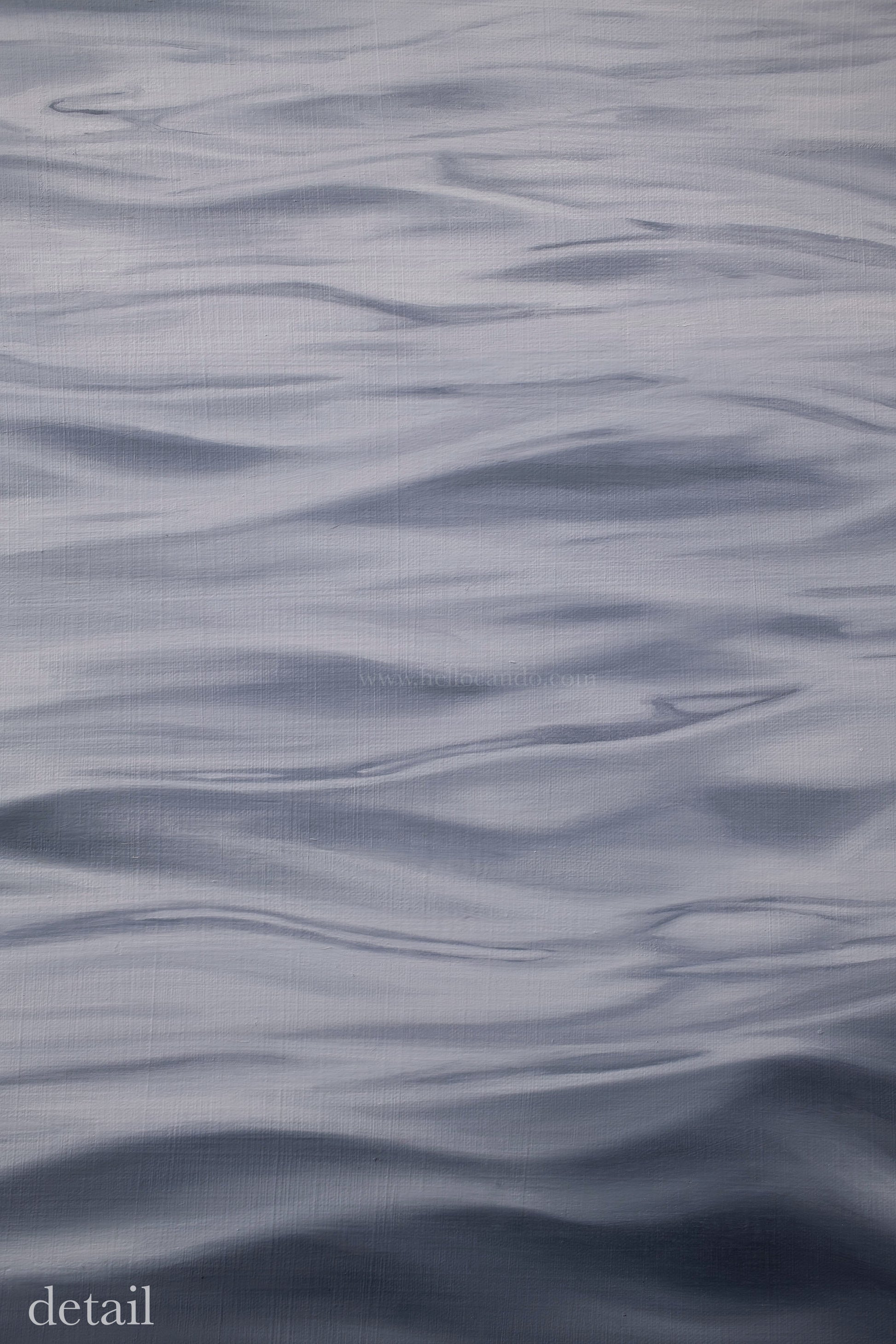 Close-up detail of original seascape oil painting showing subtle ocean ripples and soft light reflections on canvas.