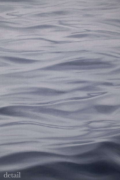 Close-up detail of original seascape oil painting showing subtle ocean ripples and soft light reflections on canvas.