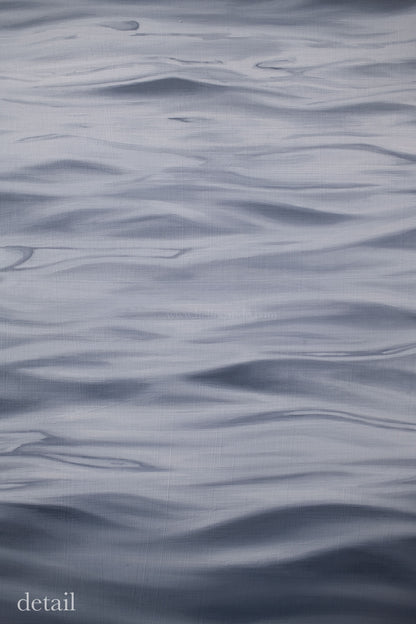 Detail of contemporary ocean painting highlighting layered brushwork and gentle movement across the water surface.