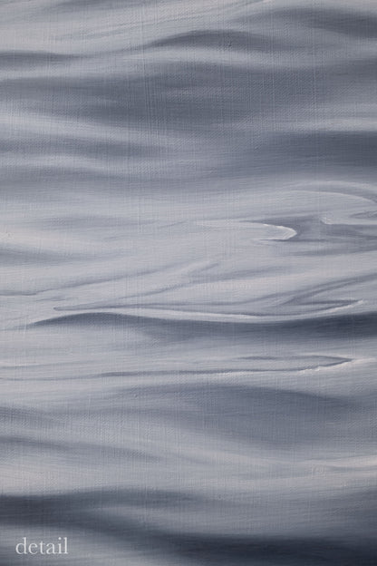 Close-up of hand-painted ocean surface with elongated wave lines and delicate light accents.