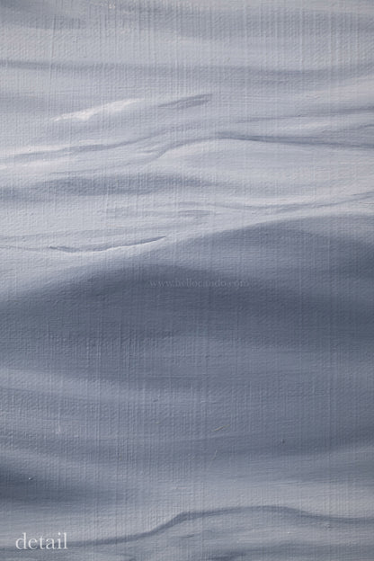 Contemporary coastal oil painting detail capturing calm horizontal water movement and refined brushwork.