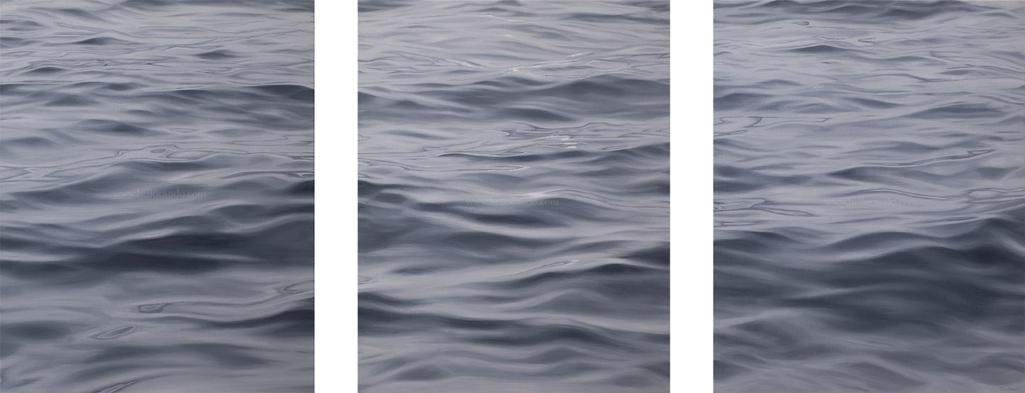 Out to Sea, IX original triptych ocean painting by Montauk artist displayed with spacing between panels.