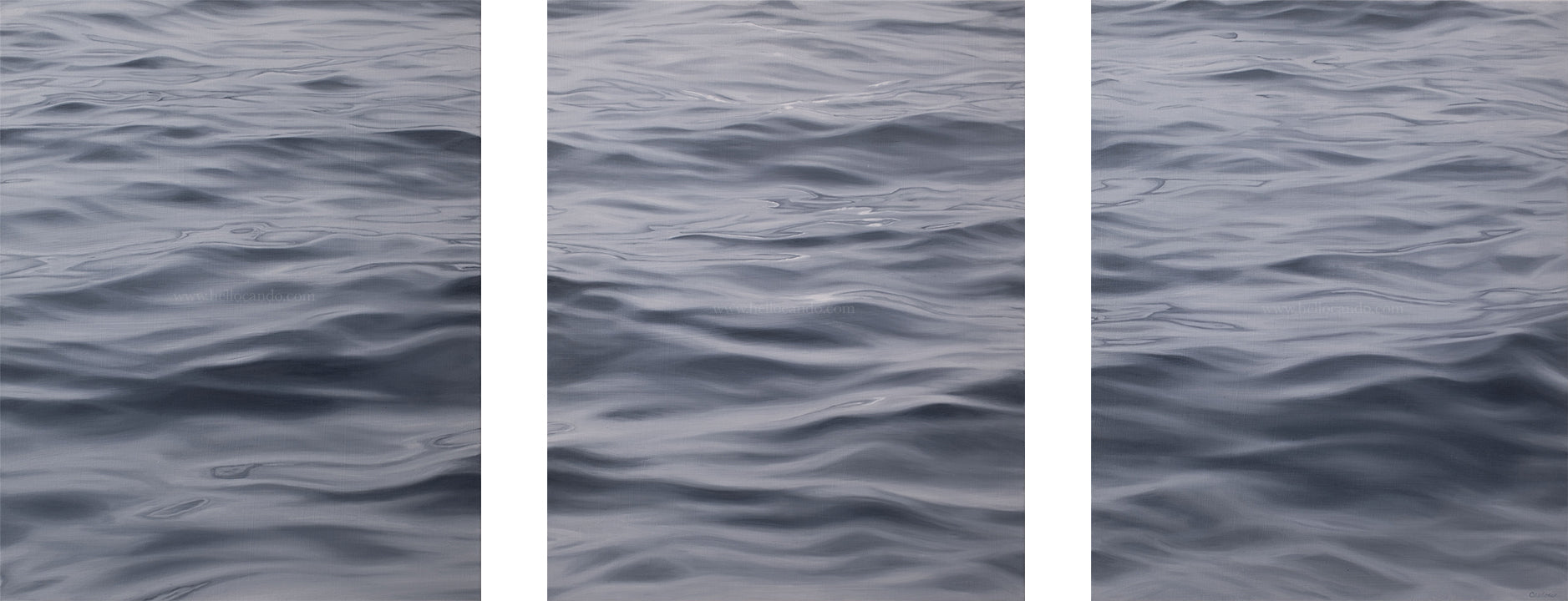 Out to Sea, IX original triptych ocean painting by Montauk artist displayed with spacing between panels.