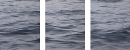 Out to Sea, IX original triptych ocean painting by Montauk artist displayed with spacing between panels.