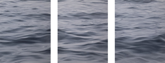 Out to Sea, IX original triptych ocean painting by Montauk artist displayed with spacing between panels.