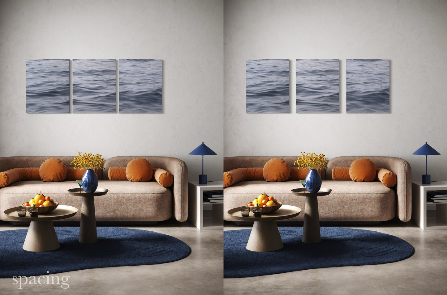 Example of spacing between panels for large triptych seascape wall art in modern living room.
