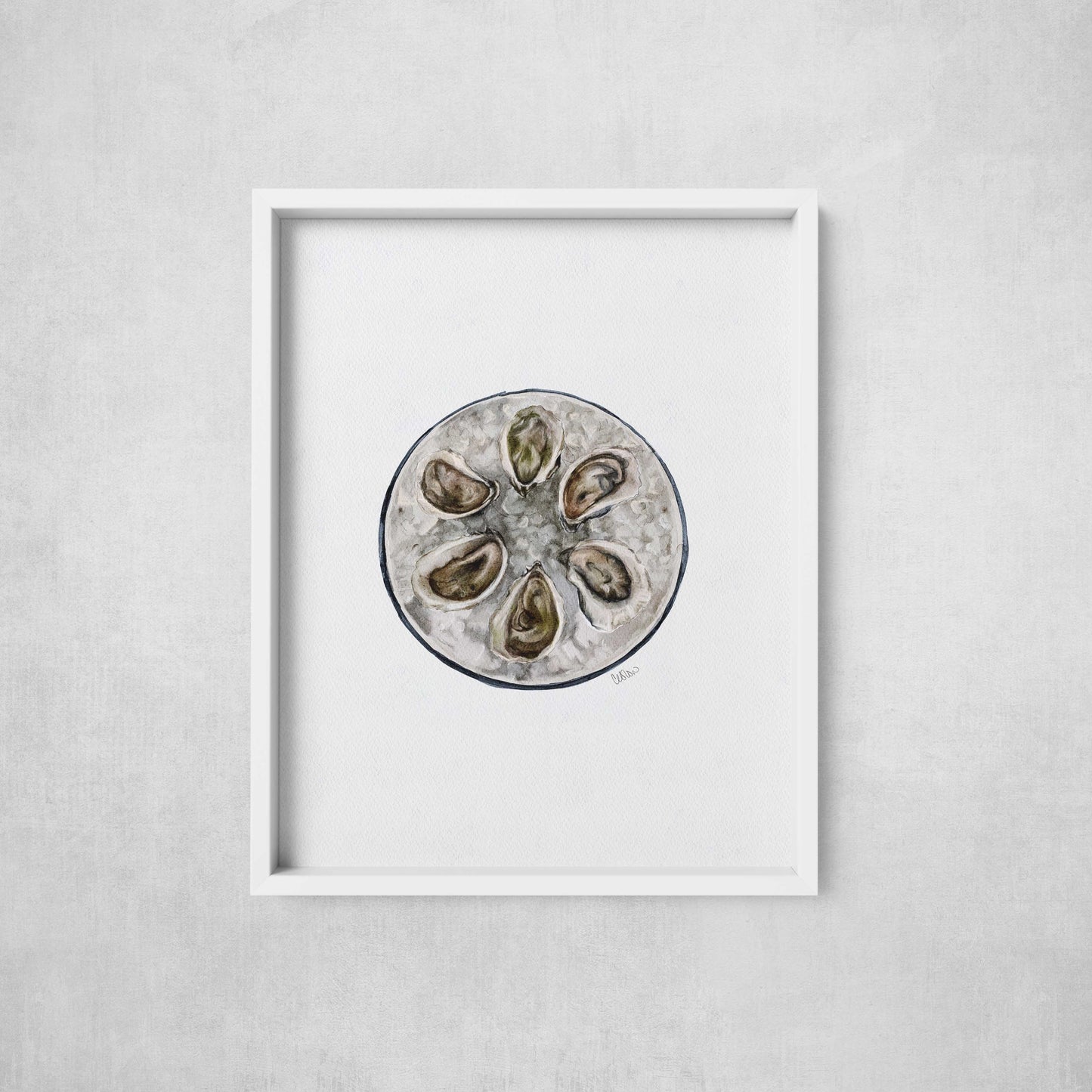 Framed artwork of oyster shells on a gray background