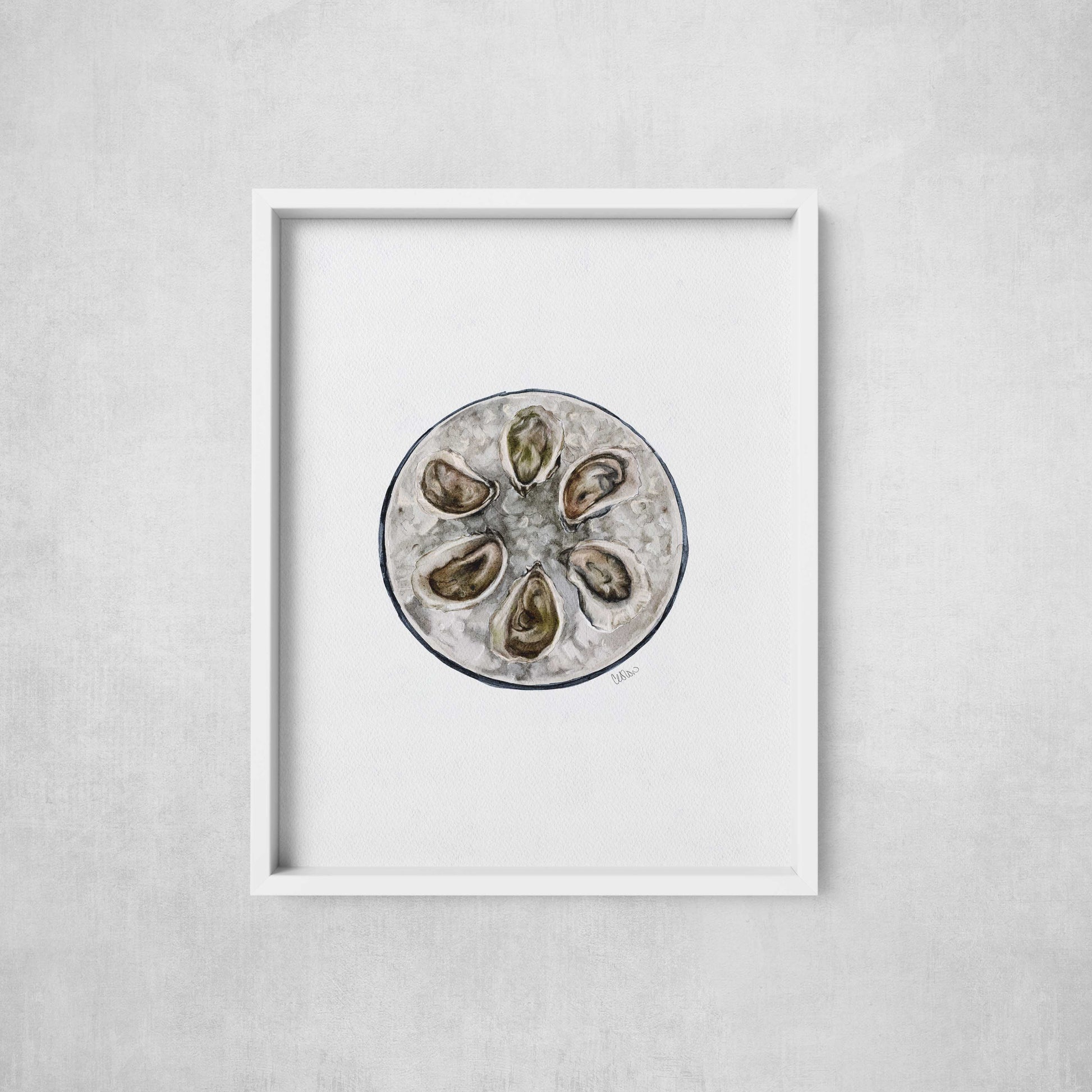 Framed artwork of oyster shells on a gray background