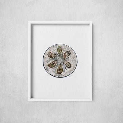 Framed artwork of oyster shells on a gray background