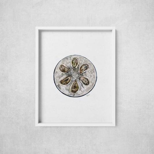 Framed artwork of oyster shells on a gray background