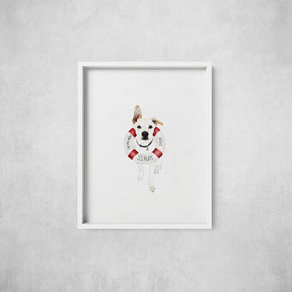 Framed artwork of a dog with a life preserver on a gray wall