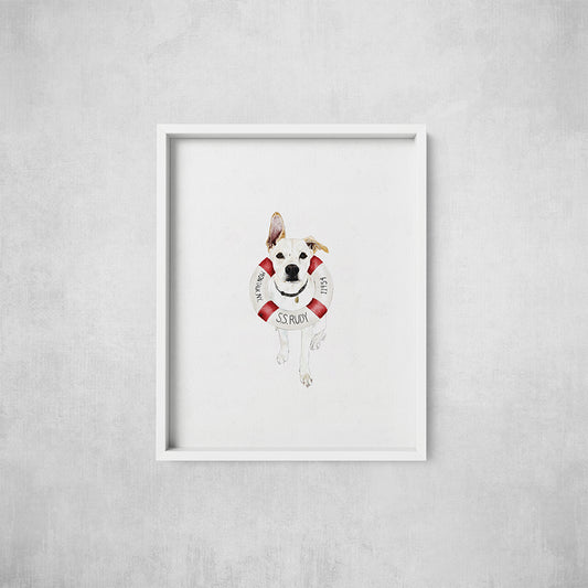 Framed artwork of a dog with a life preserver on a gray wall