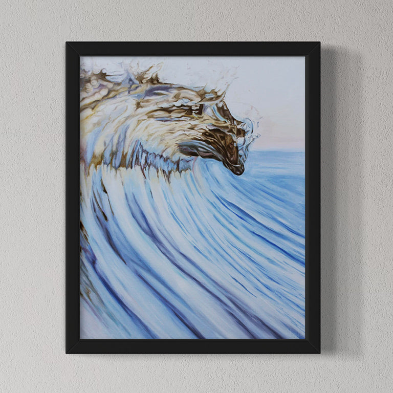 Framed artwork of a dragon emerging from water on a gray wall