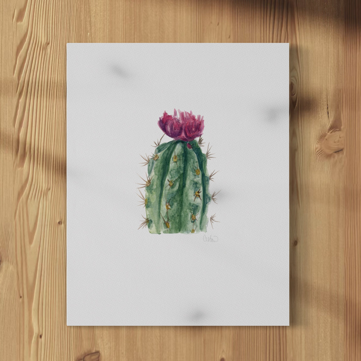 A framed watercolor print of a green cactus with pink blooms, displayed on a white wall.