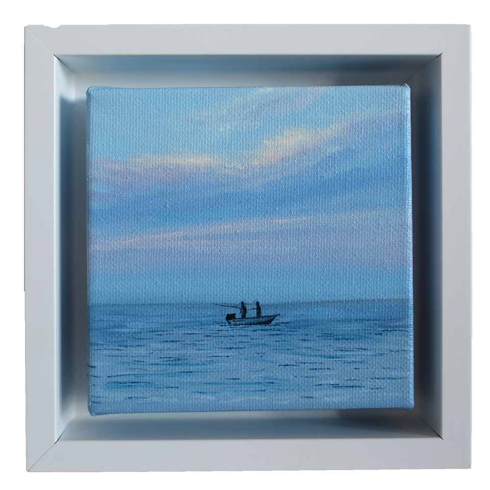 Mini #42 original coastal oil painting framed in white — small artwork of fishermen on calm blue water under pastel sky by artist Candace Ceslow.