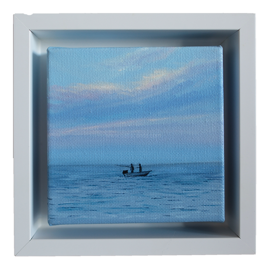 Mini #42 original coastal oil painting framed in white — small artwork of fishermen on calm blue water under pastel sky by artist Candace Ceslow.
