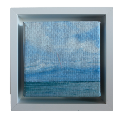 Mini oil painting of a faint rainbow over the ocean beneath soft clouds.