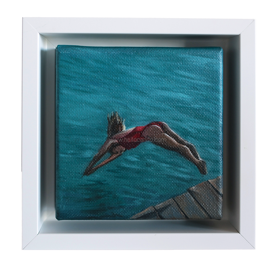 Mini #41 original swimmer oil painting framed in white — small coastal artwork of woman diving into turquoise water.