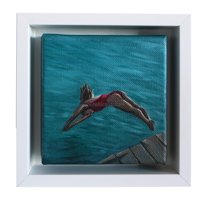Mini #41 original swimmer oil painting framed in white — small coastal artwork of woman diving into turquoise water.