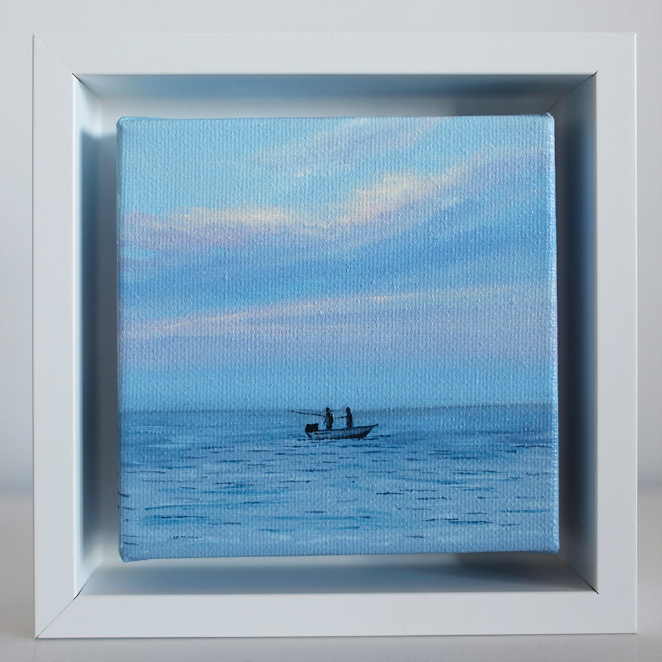 Framed 4x4 coastal fishing mini painting by Candace Ceslow — two fishermen in boat on peaceful ocean at sunrise.