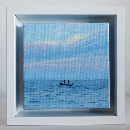 Framed 4x4 coastal fishing mini painting by Candace Ceslow — two fishermen in boat on peaceful ocean at sunrise.