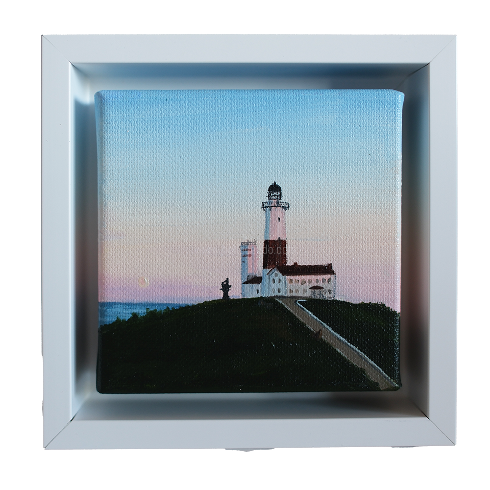 Mini #43 Montauk Lighthouse sunrise oil painting by Candace Ceslow, 4x4 canvas in white shadow-box frame — coastal wall art.