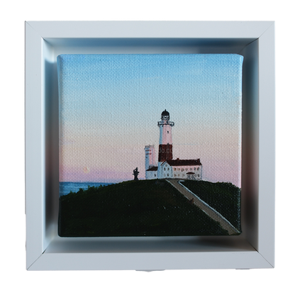 Mini #43 Montauk Lighthouse sunrise oil painting by Candace Ceslow, 4x4 canvas in white shadow-box frame — coastal wall art.