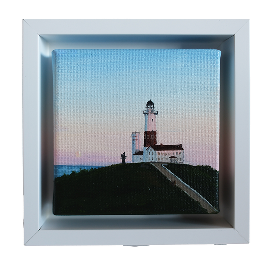 Mini #43 Montauk Lighthouse sunrise oil painting by Candace Ceslow, 4x4 canvas in white shadow-box frame — coastal wall art.