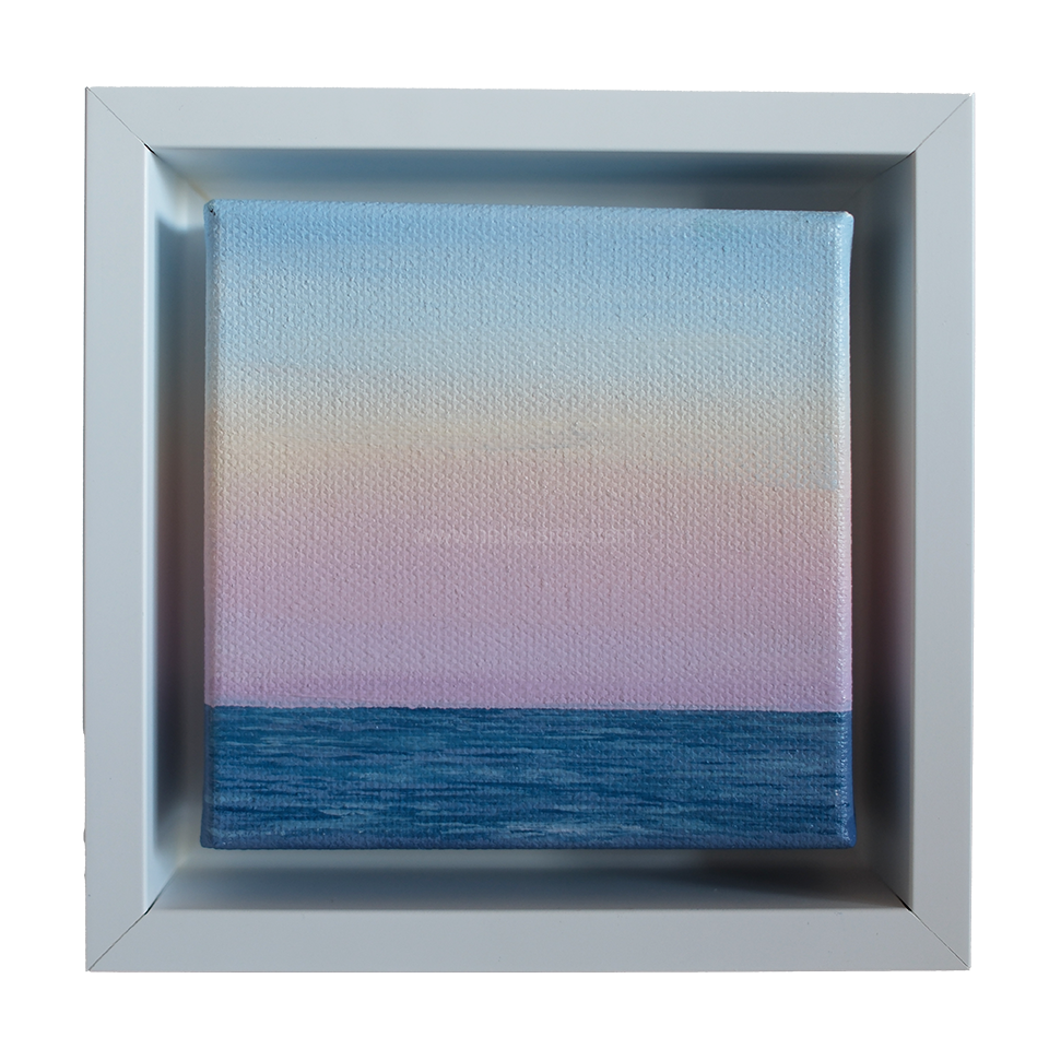 Mini #44 original seascape oil painting by Candace Ceslow — pastel ocean horizon in soft sunset colors, framed in white shadow box.