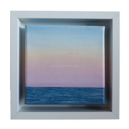 Mini #44 original seascape oil painting by Candace Ceslow — pastel ocean horizon in soft sunset colors, framed in white shadow box.