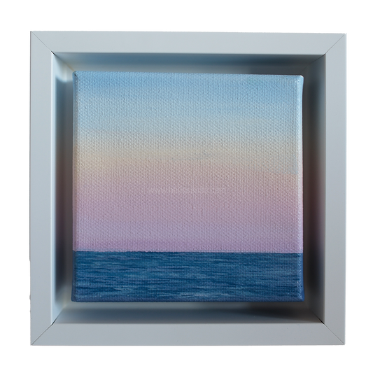 Mini #44 original seascape oil painting by Candace Ceslow — pastel ocean horizon in soft sunset colors, framed in white shadow box.