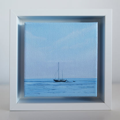 Mini #46 framed coastal artwork — tiny sailboat drifting on still water under soft pastel sky, original oil painting by Candace Ceslow.