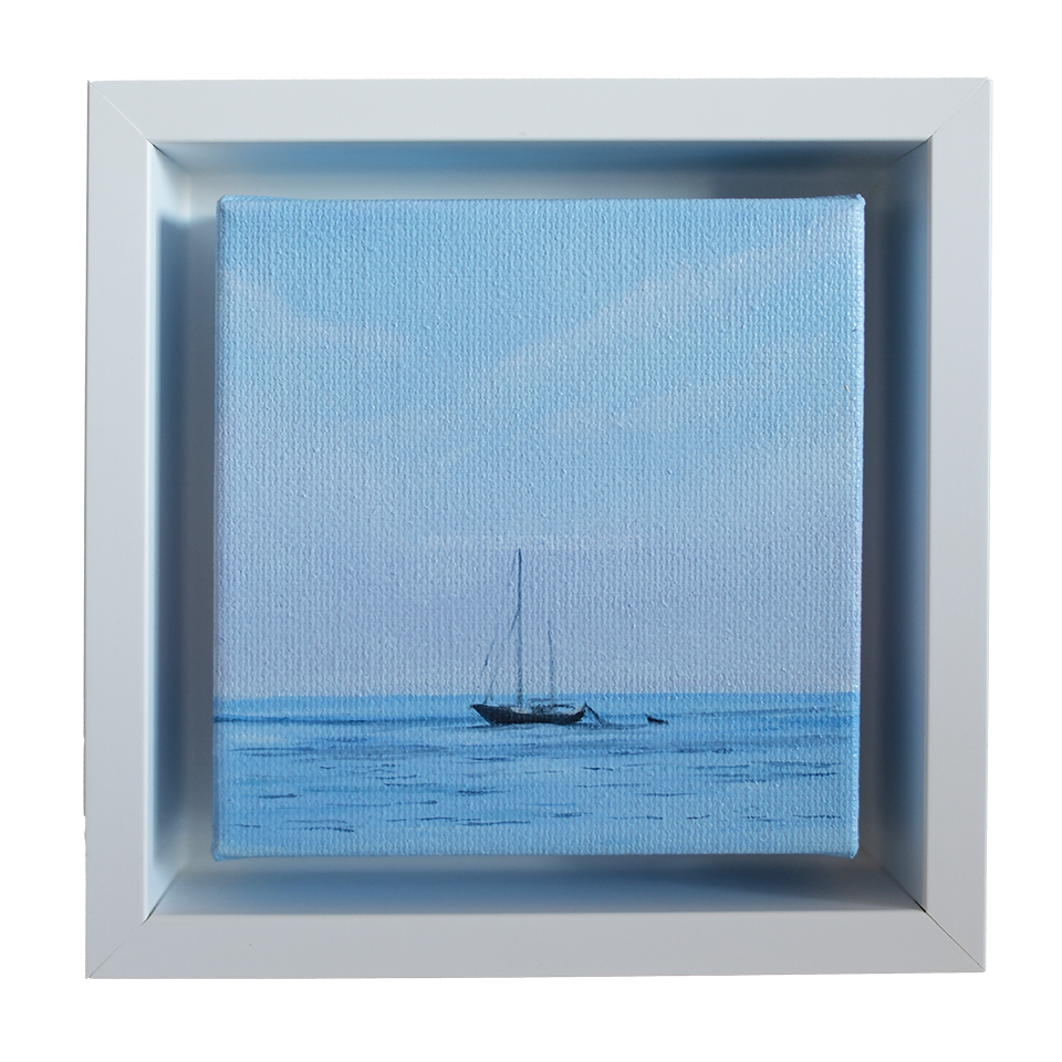 Mini #46 original 4x4 oil painting by Candace Ceslow — small framed sailboat seascape with calm blue ocean and soft sky.