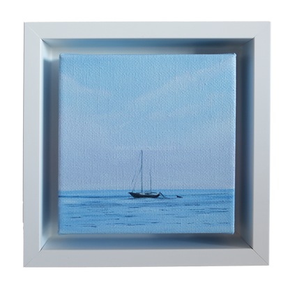 Mini #46 original 4x4 oil painting by Candace Ceslow — small framed sailboat seascape with calm blue ocean and soft sky.