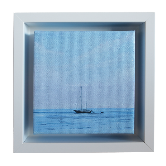 Mini #46 original 4x4 oil painting by Candace Ceslow — small framed sailboat seascape with calm blue ocean and soft sky.
