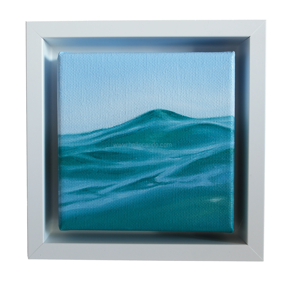 Mini #50 original wave oil painting framed in white — small coastal artwork featuring a gentle ocean swell