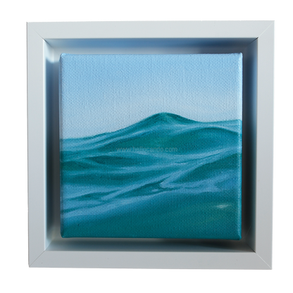 Mini #50 original wave oil painting framed in white — small coastal artwork featuring a gentle ocean swell