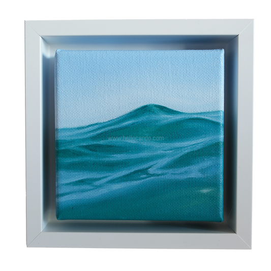 Mini #50 original wave oil painting framed in white — small coastal artwork featuring a gentle ocean swell